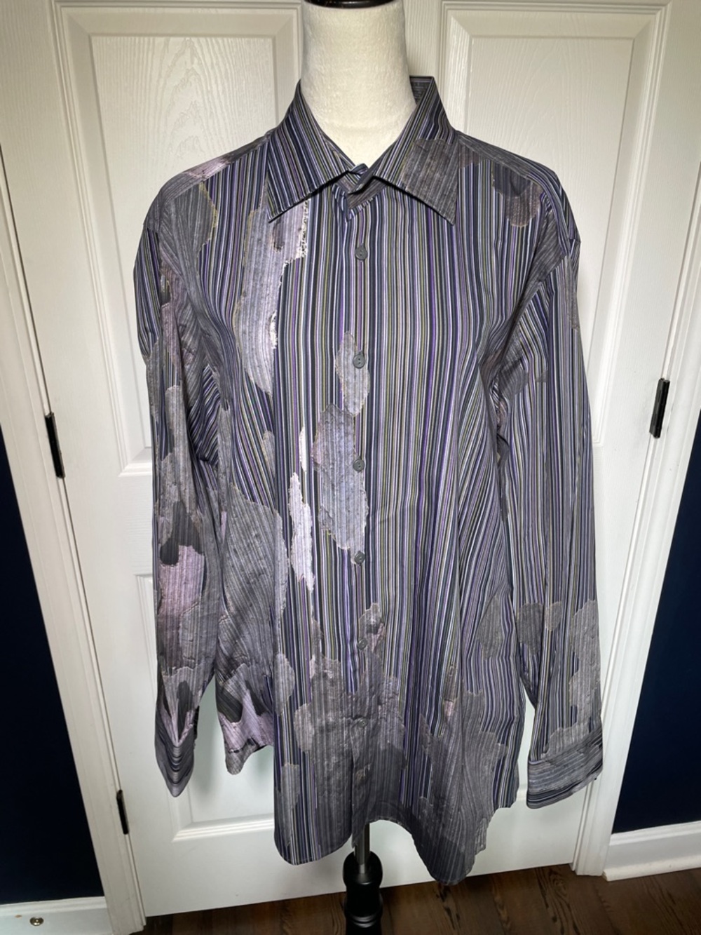 Jhane Barnes Rhedux Purple Gray Green Striped Abstract Button-Down Shirt Sz XL